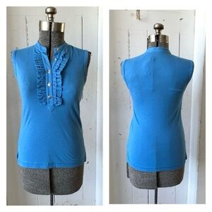 Tory Burch Ruffle Sleeveless Top Blue Gold Button Size Small Pima Cotton Blend